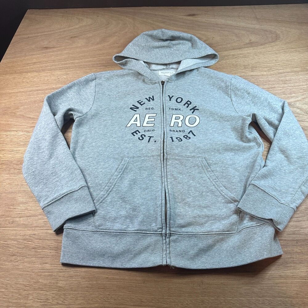 Aeropostale Full Zip Hoodie Gray Graphic Sweatshirt Women’s Medium Fleece